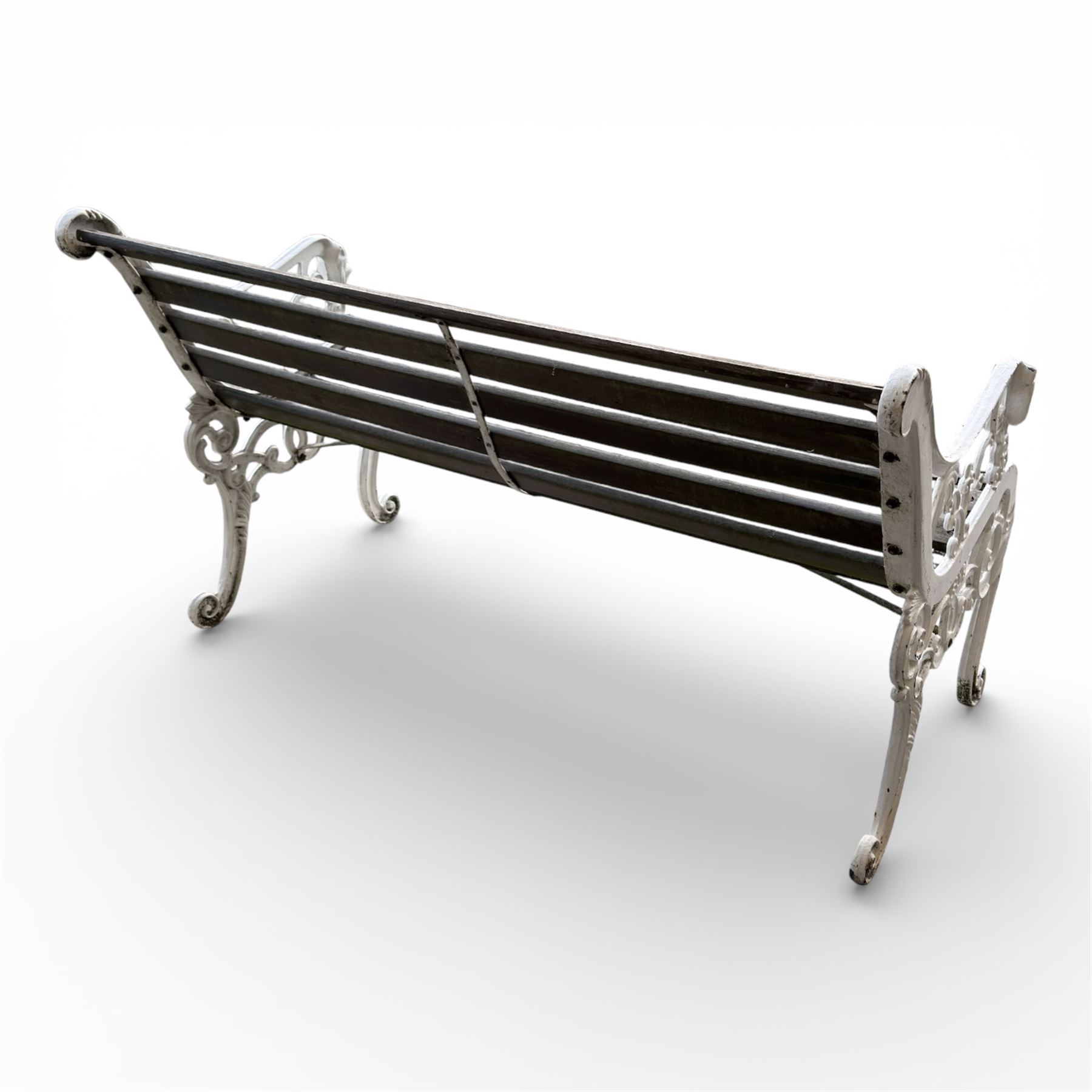 Cast iron and wood slatted garden bench in a white finish