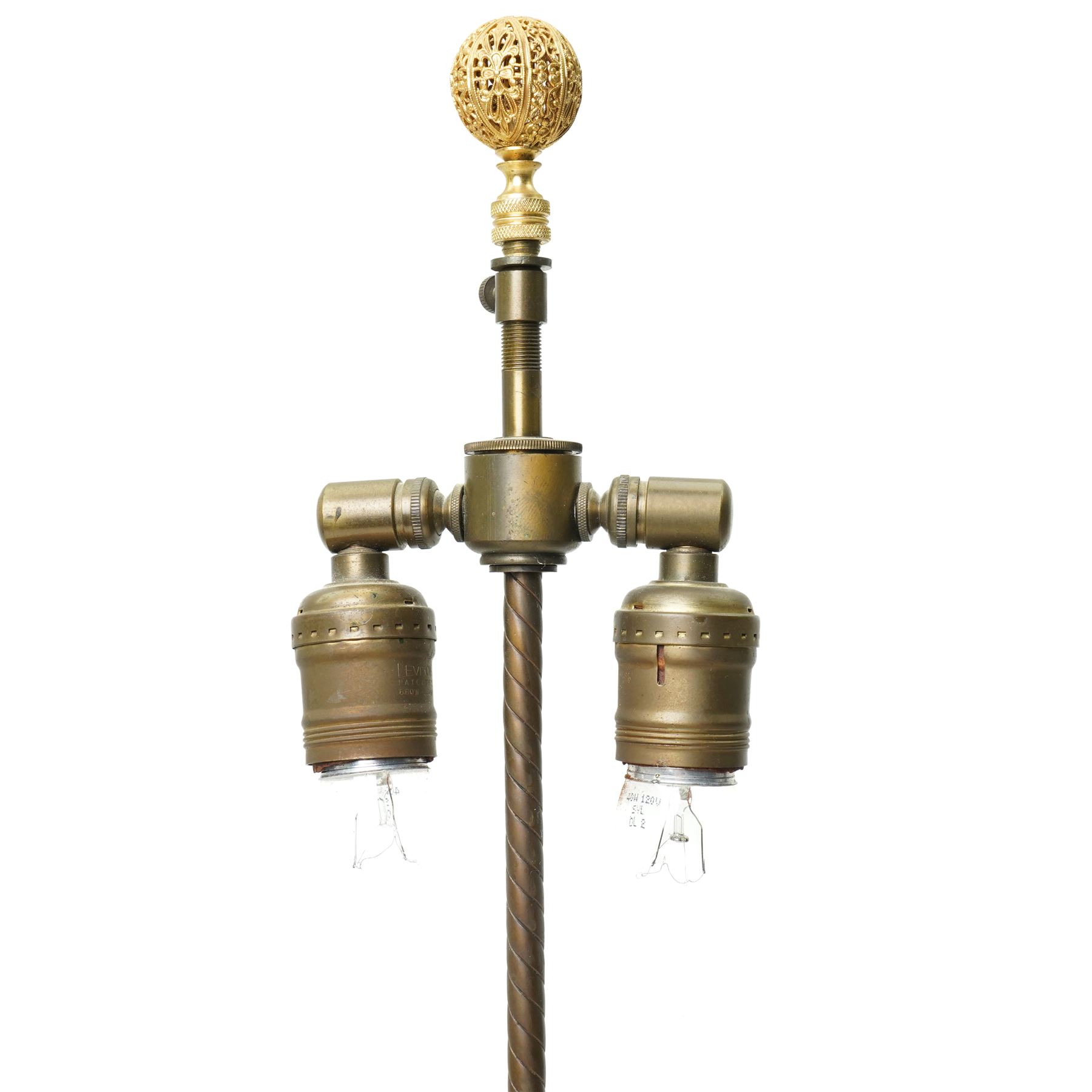 Pair of Royal Worcester table lamps modelled by James Hadley with female musicians with two branch metal fittings and filigree finials on circular bases H75cm