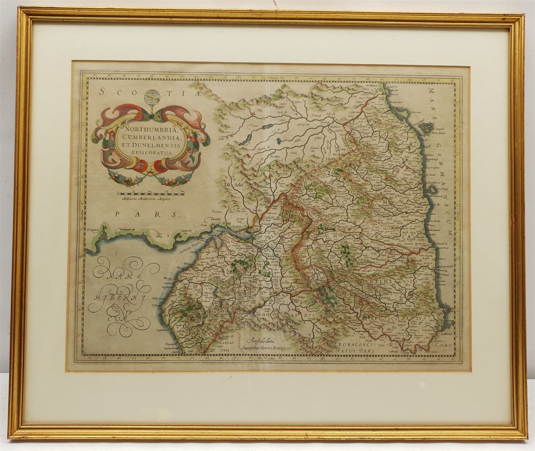 Henricus Hondius II (Dutch 1597-1651): 'Northumbria Cumberlandia et Dunelmensis Episcopatus' - Bishoprics of Northumbria, Cumberland, and Durham, 17th/18th century engraved map with later hand-colouring 35cm x 47cm