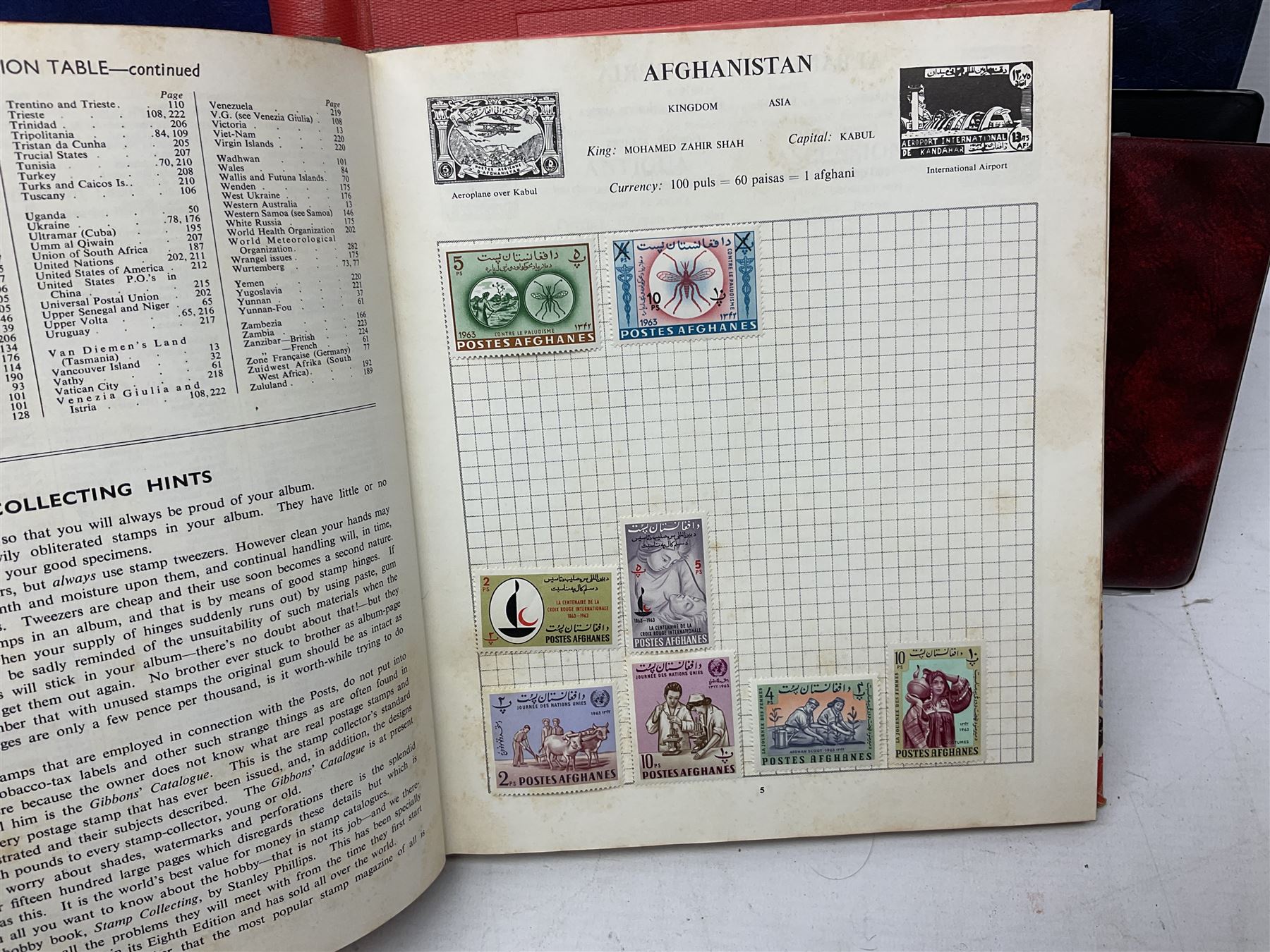 Various empty albums and folders, World stamps including Afghanistan, Bulgaria, Chile, Cuba, Czechoslovakia, British Antarctic Territory, Peru etc, in one box