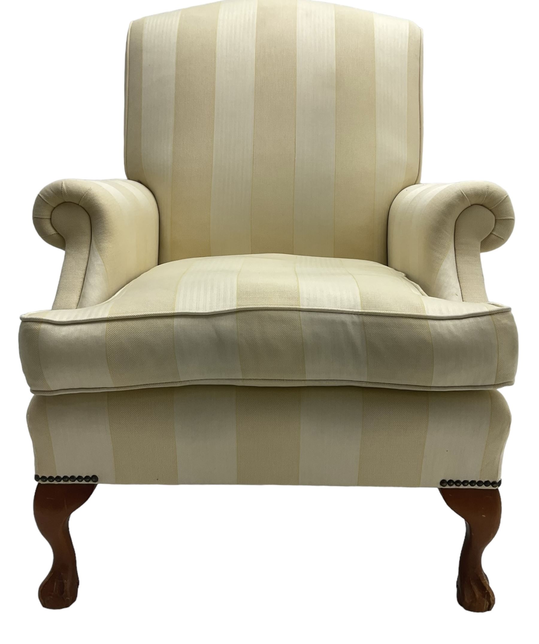 Wesley-Barrell - Georgian design traditional shaped armchair with rolled arms, sprung back and loose seat cushion upholstered in beige striped fabric with gold piping, raised on cabriole supports with ball and claw feet