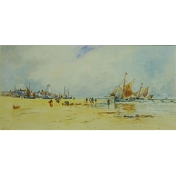  'Sands of Dee' - Fishing Boats Returning to Shore, watercolour signed by Harry Woods (1864-1929)  18cm x 37cm  