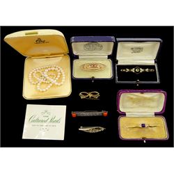 Four Victorian and later 9ct gold brooches including peridot and seed pearl brooch and amethyst, single strand cultured pearl necklace with 9ct gold clasp and two silver brooches