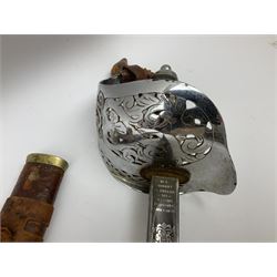 British George V 1897 Pattern Infantry Officers Sword, the 82.5cm fullered steel blade etched and polished with crowned royal arms, GRV cyphers and scrolling foliage, marked Army & Navy Co-operative Society 105 Victoria St London SW to the ricasso,  plated pierced basket hilt with wire bound fish skin grip and leather knot, No.15032; in leather covered scabbard