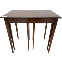 Georgian design mahogany nest of three tables, comprised of a rectangular side table over two square occasional tables, moulded edge on square tapering supports