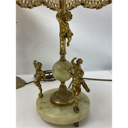 Green onyx and gilt metal table lamp decorated with puttos, together with gilt jardiniere stand and two other table lamps, stand H62cm