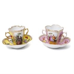 Two 19th century Dresden quatrefoil twin handled chocolate cups and saucers, decorated wit...