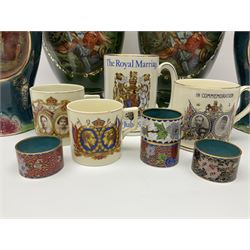 Set of four Chinese cloisonne enamel napkin rings, together with a pair of Strasburg Ware vases, a pair of similar larger continental vases and four Royal commemorative mugs