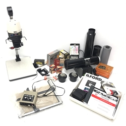 Large quantity of photo developing, dark room and photography equipment - quantity of Fogro 2'' x 2'' slide frames, PHILIPS movielight PSG125, Paterson 2 print forceps, atlas photo flash M3 clear, two Paterson 35mm developing tanks, Ilford photography paper 12'' x 16''and 8'' x 10'', Fujifilm photography paper 8'' x 10'' and 12'' x 16'', Rondinax 35U developing tank boxed, Simma Roller, two Ilford processing drums 30x40cm and 20x25cm, two other processing drums, Paterson 35mm contact proof printer, S&K 60D-C colour analyser etc... in three boxes