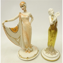 Two Capodimonte Art Deco style figures by Sandro Maggioni 'Divine' and a woman in a gilded dress with fan, H22cm (2)  