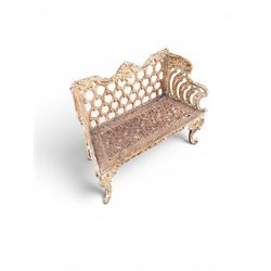 Victorian revival Carron Foundry design heavy cast iron two seat garden bench, scrolled arms with pierced lattice seat, finished in antique white paint