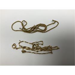 Victorian and later jewellery including 18ct gold necklace chain, 9ct gold necklace chain, 15ct gold shirt stud, 10ct gold shirt stud and a gold pocket watch key, silver brooch, gold plated jewellery and costume jewellery 