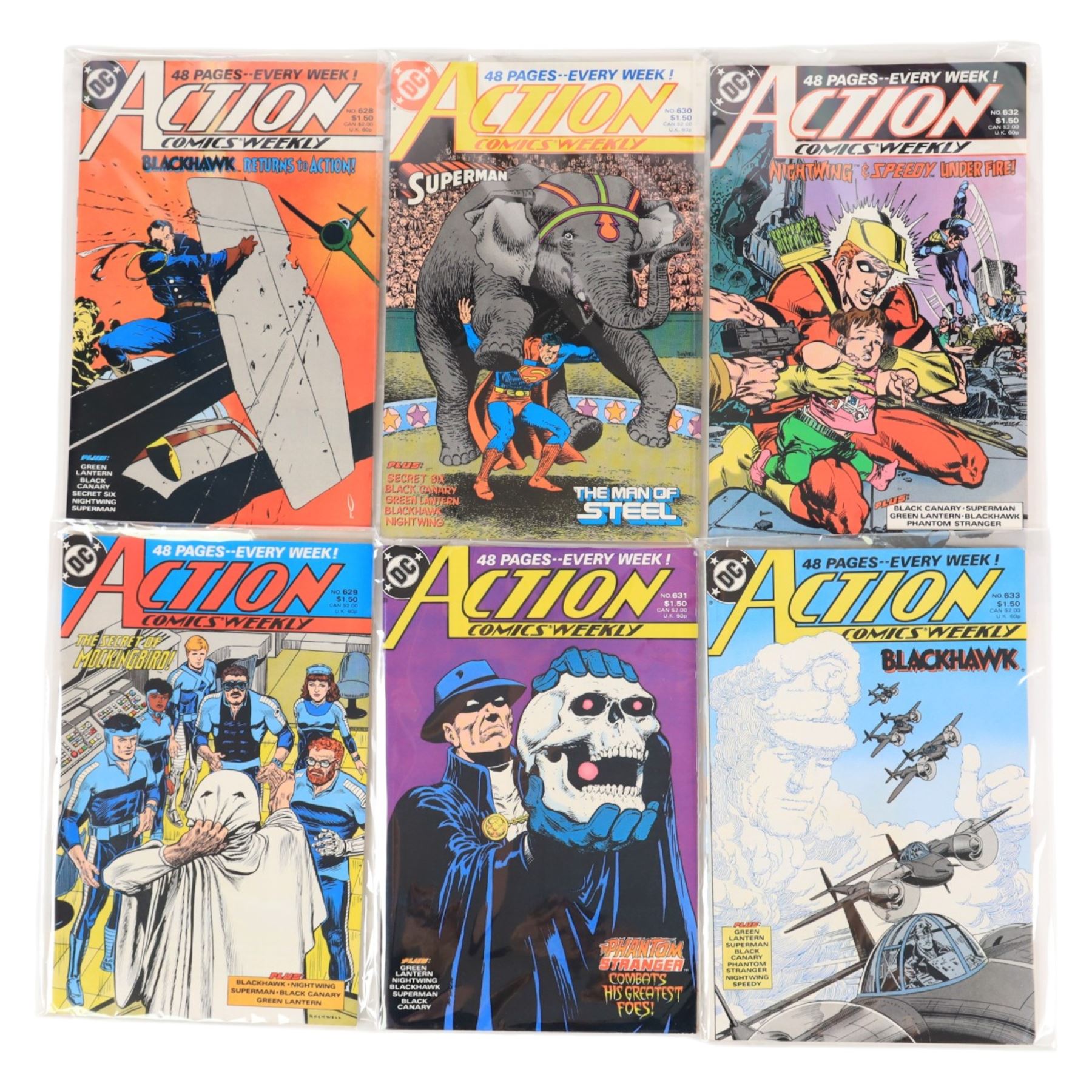 Fifty-nine DC Modern Age 'Action Comics' and 'Action Comics Weekly' comic books, spanning years 1986-1989, comprising 'Action Comics' issues #583, #585, #586, #587, #589, #590, #591, #594, #595, #596, #598 and #600 (Golden Anniversary Issue), and 'Action Comics Weekly' issues #601-#642, together with a fascimilie 50 year anniversary edition of Action Comics #1, 1989 Annual #2, 2006 #843, 2007 #845 and a 1993 Action Comics Bloodlines Annual #5
