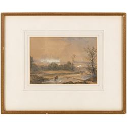 Attrib. John R Prentice (Scottish fl. 1837-1875): River Landscape with Distant Buildings, watercolour heightened with white unsigned 11.5cm x 16.5cm