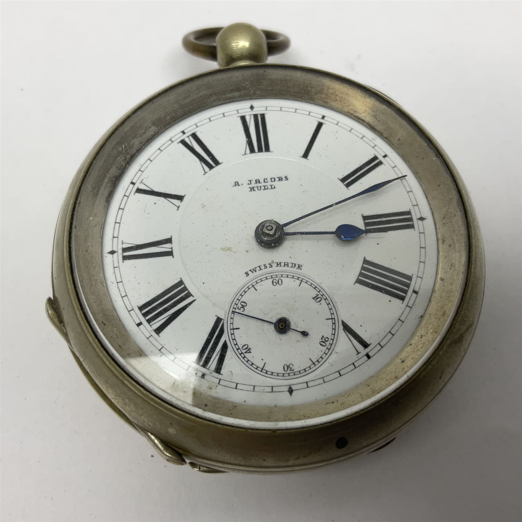 White metal pocket watch, the enamel dial with Roman numerals and blued-steel hands, inscribed R Jacobs Hull, Swiss Made, with subsidiary second dial, the inner cover verso impressed Pure White Metal Swiss