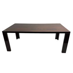 Large American walnut rectangular dining table on square block supports, together with set eight high back dining chairs with cream upholstered seats, the top and chair backs with matching inlaid geometric banding