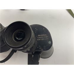 Pair of British World War Two issue black-painted binoculars, Bino 7x50 No. 5, 6E/320, No. 87412, MoD.B/42, with case, together with Nipole 10 x 50 binoculars and two other pairs
