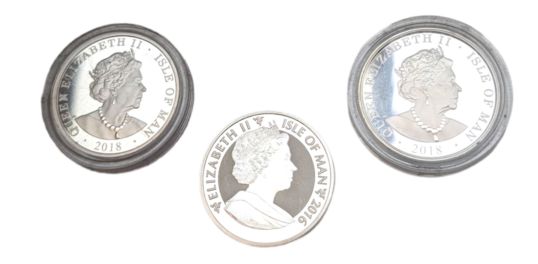 Three Queen Elizabeth II Isle of Man one ounce fine silver coins, comprising 2016, 2018 one angels and 2018 one noble 