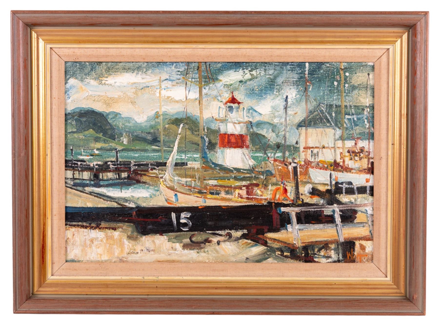 James Watt (Scottish 1931-2022): Crinan Canal Lighthouse and Lock, oil on canvas signed 29cm x 44cm 