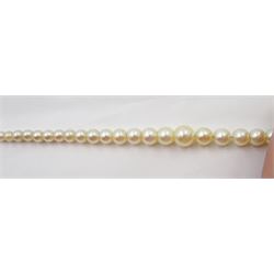 Three strand pearl necklace, with platinum diamond milgrain clasp and a single strand graduating pearl necklace with 18ct white gold clasp set with a diamond