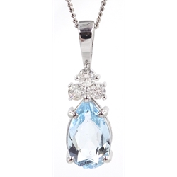  18ct white gold pear shape aquamarine and three stone diamond pendant necklace, hallmarked, aquamarine approx 3.4 carat, diamonds approx 0.4 carat  