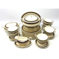 Paragon Stirling pattern dinner wares, comprising twelve dinner plates, eleven dessert plates, one side plate, twelve twin handled soup bowls and twelve saucers, sauce boat and saucer, oval serving platter, and two tureens and covers. 