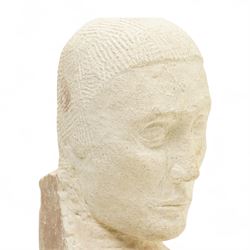 Modern carved limestone slab sculpture of the head of a man, H38cm 