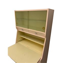Hygena - mid-20th century painted kitchen cabinet, glass sliding doors, above fall front preparation surface, two sliding cupboards to base