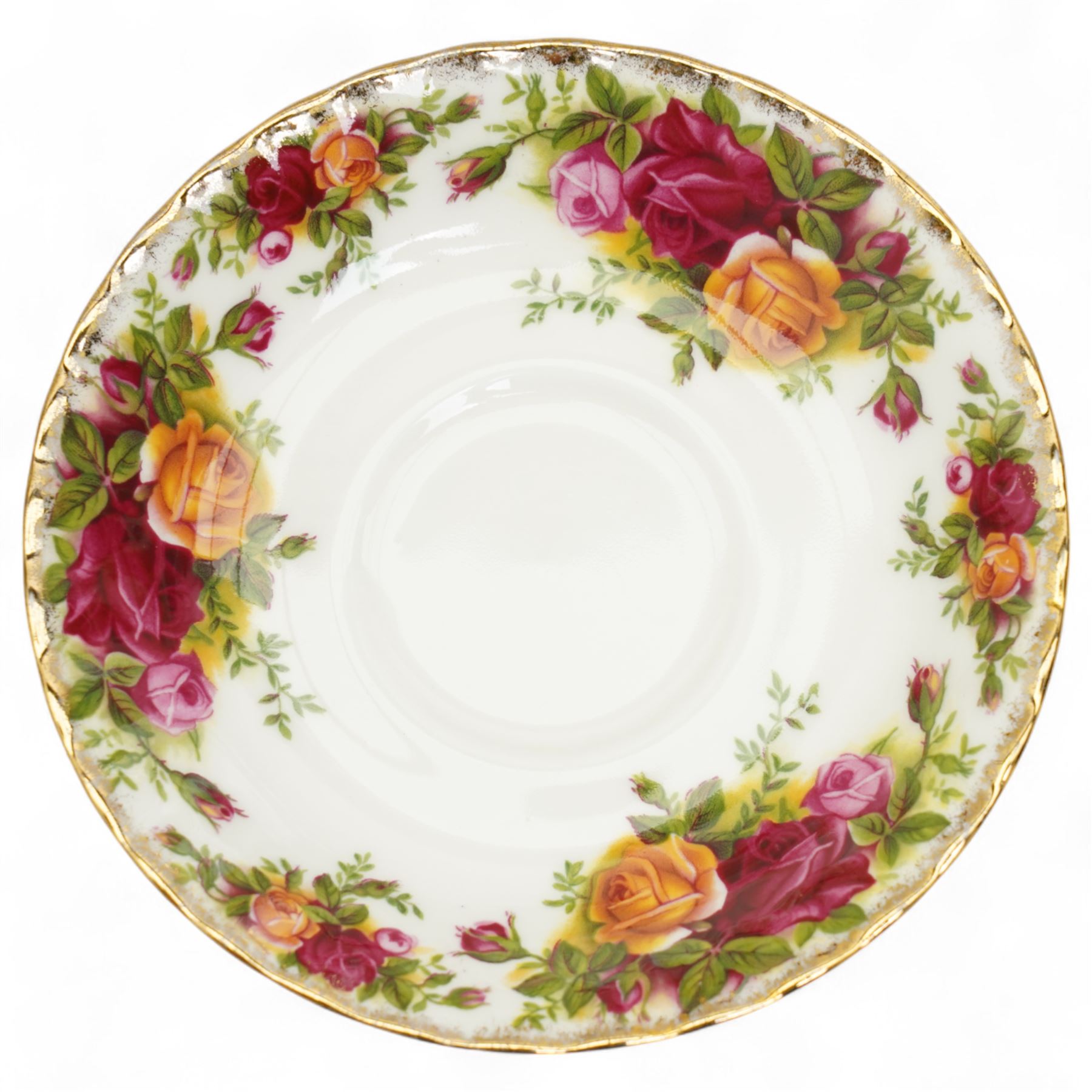 Royal Albert Old Country Roses tea and dinner service comprising four dinner plates, four dessert plates, four soup bowls, six cups, seven saucers, twelve side plates, tea pot, supper plate with mug and saucer dish