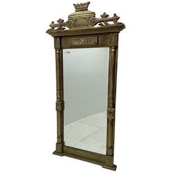 Georgian design gilt hardwood wall mirror, shaped an carved pediment over rectangular bevelled mirror plate, half column upright pilasters 