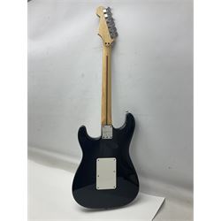 Mexican Fender Stratocaster electric guitar in black c2003 with Floyd Rose tremolo system, serial no.MZ3129600; L98cm; in Freestyle fitted case with 2006 Diamond Anniversary booklet