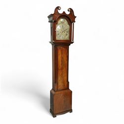 Samuell Hollyar of London - mid-18th century, figured mahogany Longcase clock with a swan neck pediment and brass parterre, with glass panels to the sides and reeded pilaster flanking the hood door, conforming recessed pillars to the trunk and a wavy toped door with  inlay, square plinth raised on bracket feet, With a brass dial with cast spandrels and makers name to the arch, matted dial centre with steel hands, seconds dial and date aperture, silvered chapter with Roman numerals, five minute Arabic's, minute and inner quarter hour tracks, dial pinned to an 8-day rack striking movement, sounding the hours on a bell. With weights and pendulum.
Samuel Hollyar is recorded as being apprenticed in London in 1683 and a member of the clockmakers company 1705-20.