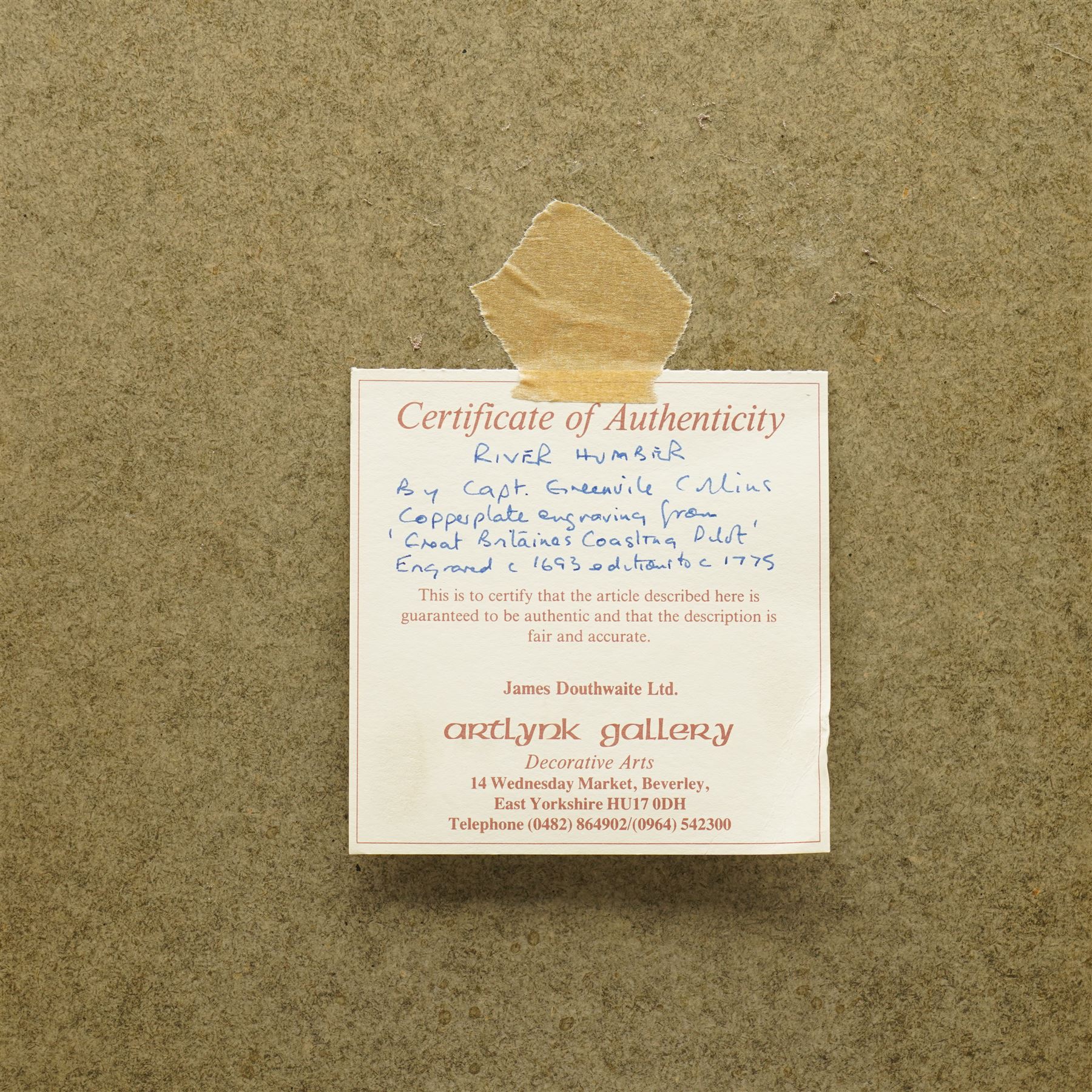 Captain Greenville (Greenvile) Collins (British 1643-1694): 'The River Humber', late 17th century engraved map or sea chart with hand-colouring showing Hull and coasts of Yorkshire and Lincolnshire pub. c1693, 45cm x 56cm
Notes: Collins was a hydrographer and officer of the Royal Navy, commissioned by King Charles II in 1676 and appointed by Samuel Pepys to chart the coasts of Great Britain.