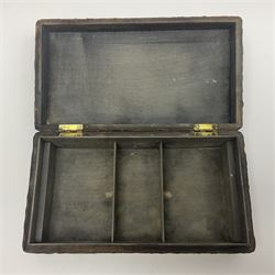 Liberty & Co Tudric pewter cigarette box, of plain rectangular form, with planished decoration to the slightly domed cover, opening to reveal a softwood interior, stamped Made in England 01234 Tudric Solkets beneath, together with another cigarette box, with applied pewter panels repousse decorated throughout with flower heads and leaves, with compartmentalised softwood interior, largest H5.5cm, W23cm