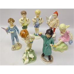  Seven Royal Worcester figures by Freda Doughty comprising 'November', 'February', 'March', 'Mondays Child', 'Parakeet', 'All Mine' and 'Young Farmer' (7)  
