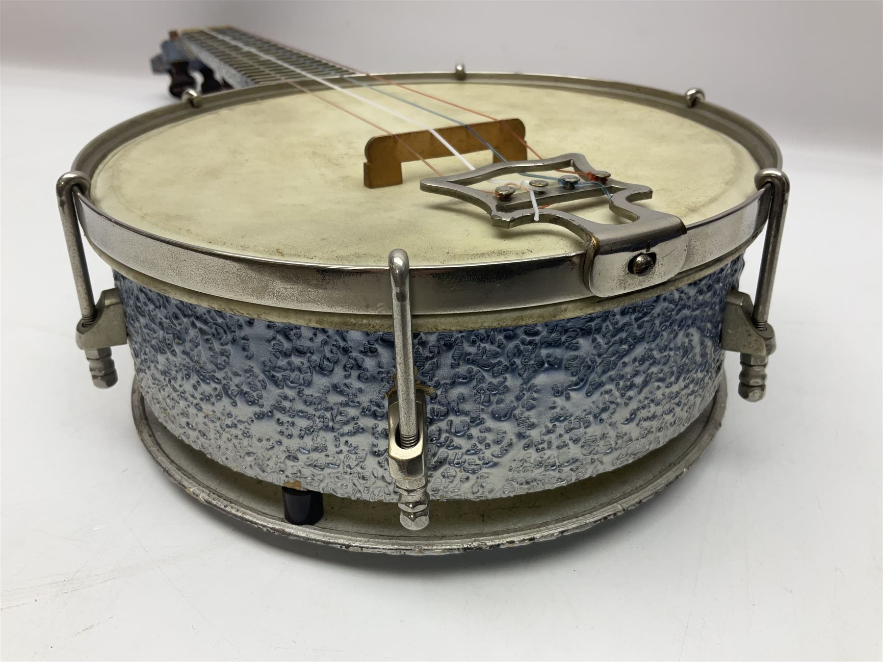 John Grey & Sons banjolele with unusual all over mottled blue and silver textured finish L57cm; in carrying case