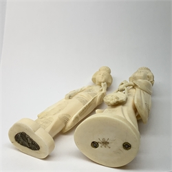 Two Japanese carved ivory okimons, each modelled as a geisha, each approximately H15cm. 