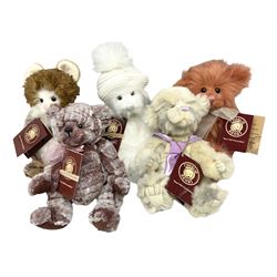 Five Charlie Bears, comprising Tadam CB171777D, and Munchkin CB171781A, both designed by Isabelle Lee, plus Jazzie CB1960320, Butterscotch CB195211O, and Snow CB195204O, all with tags 