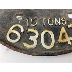 Three cast iron railway wagon plates of D shaped form to include Southern Railway, LMS and GWR, L27.5cm
