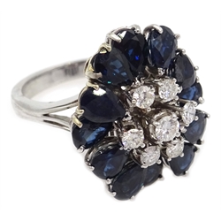  18ct white gold (tested) large sapphire and diamond cluster ring   