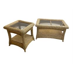 Contemporary rattan conservatory suite - two seat sofa with wicker frame and loose cushions upholstered in textured champagne fabric (W125cm H98cm); pair of matching armchairs (W72cm H98cm); rectangular glass-topped coffee table with rattan frame and undertier (W85cm D60cm H47cm); and matching square side table (W53cm H55cm)