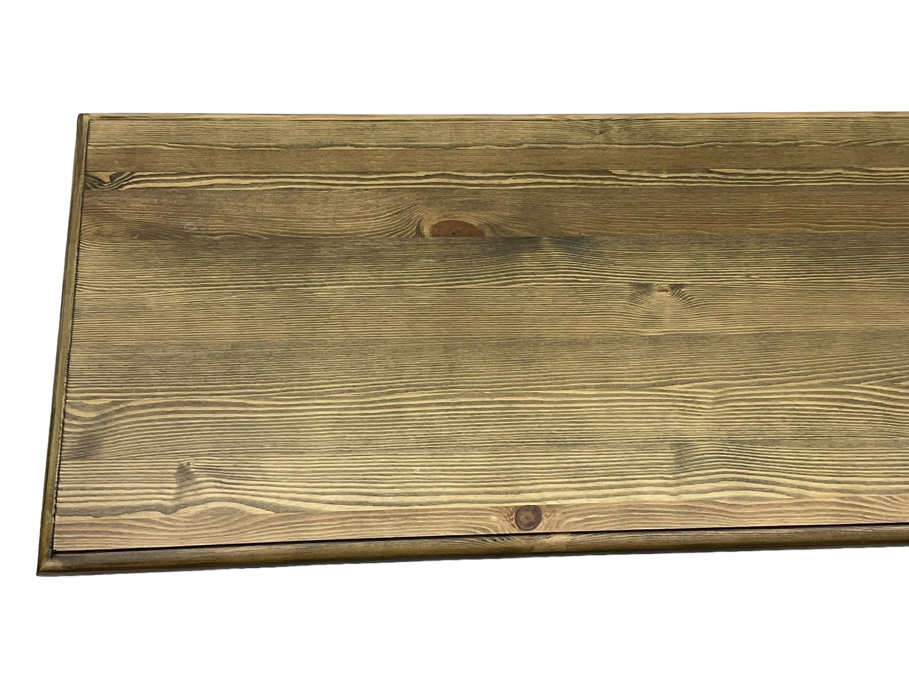 Pine kitchen dining table, rectangular moulded top on painted base, square tapering supports (180cm x 85cm, H78cm); and two matching benches 