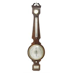Early 19th century rosewood four dial banjo barometer, dry/damp dial, mercury thermometer, silvered circular register engraved with urn and scroll decoration, balance signed 'Vassalli Scarborough', fitted with mother of pearl adjusting handle