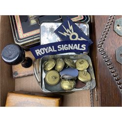 20th century brass perpetual desk calendar of triangular form, together with Mauchlin ware box (a/f), olive wood box, box with beaded decoration, other treen etc, Lesney Model of Yesteryear ashtray limited edition 1911 Renault and another similar, Royal Signals Corps buttons, motor ephemera, other misc 