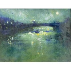 Shannon Morgan (USA 1966-): 'Starry Night over Lendal Bridge York', oil on artist's board signed and dated 2015, titled verso 34cm x 44cm
Notes: Shannon was born and raised in the USA but for the last fifteen years has lived and worked in the City of York. Exhibiting with the Society of Women Artists in London, the Ferens Gallery Hull and the York Art Society
