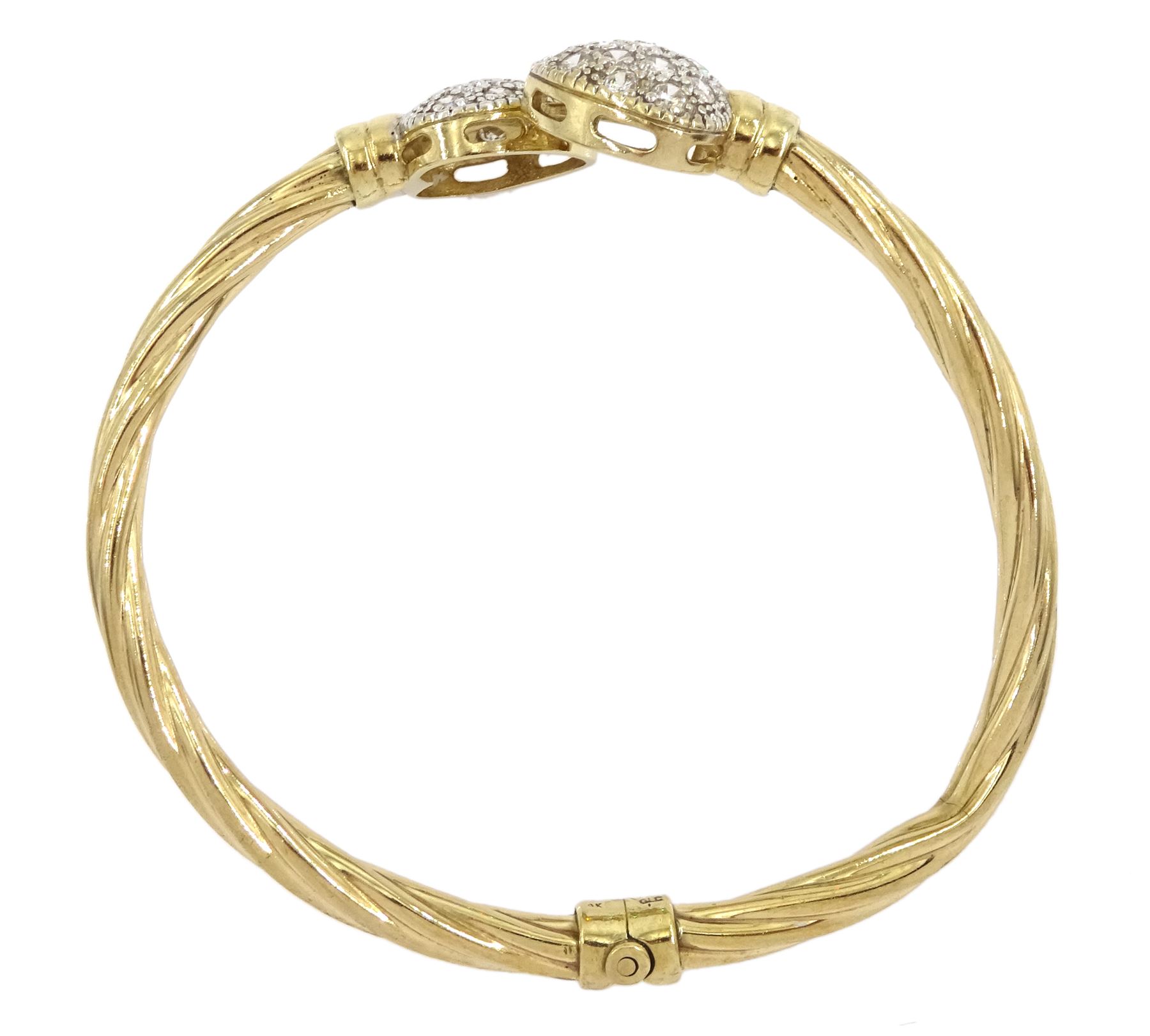 9ct gold cubic zirconia heart hinged bangle, stamped