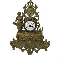French spelter timepiece mantle clock with an alarm, and a German oak  cased barometer