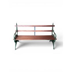 Coalbrookdale - Lily Pad design cast iron an wood slatted garden bench, late 19th century Aesthetic Movement, no. 217569, distressed green paint, iron centre support and seat stretcher, hardwood slatted