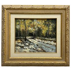 Alfred Whitehead (Canadian 1887-1978): Snowy Forest, oil on board signed 24cm x 29cm