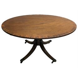 George III mahogany breakfast table, the oval top with a kingwood band and boxwood stringing, raised on a turned vasiform pedestal terminating in a fluted sabre tripod base with hairy paw feet and castors